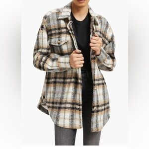 Good American Plaid Shacket in Cream, Black & Tan